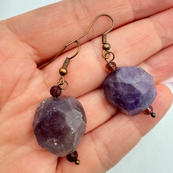 Raw Amethyst Nugget Dangle Earrings Copper Tone Ear Wire Tested 16.95 Grams Big - Picture 2 of 8